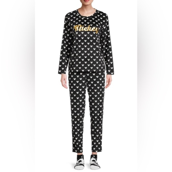 Disney Mickey Mouse 3 Pc Velour Pajama Set Gold Logo W/ Matching Socks Sz M 8-10 - Picture 1 of 7